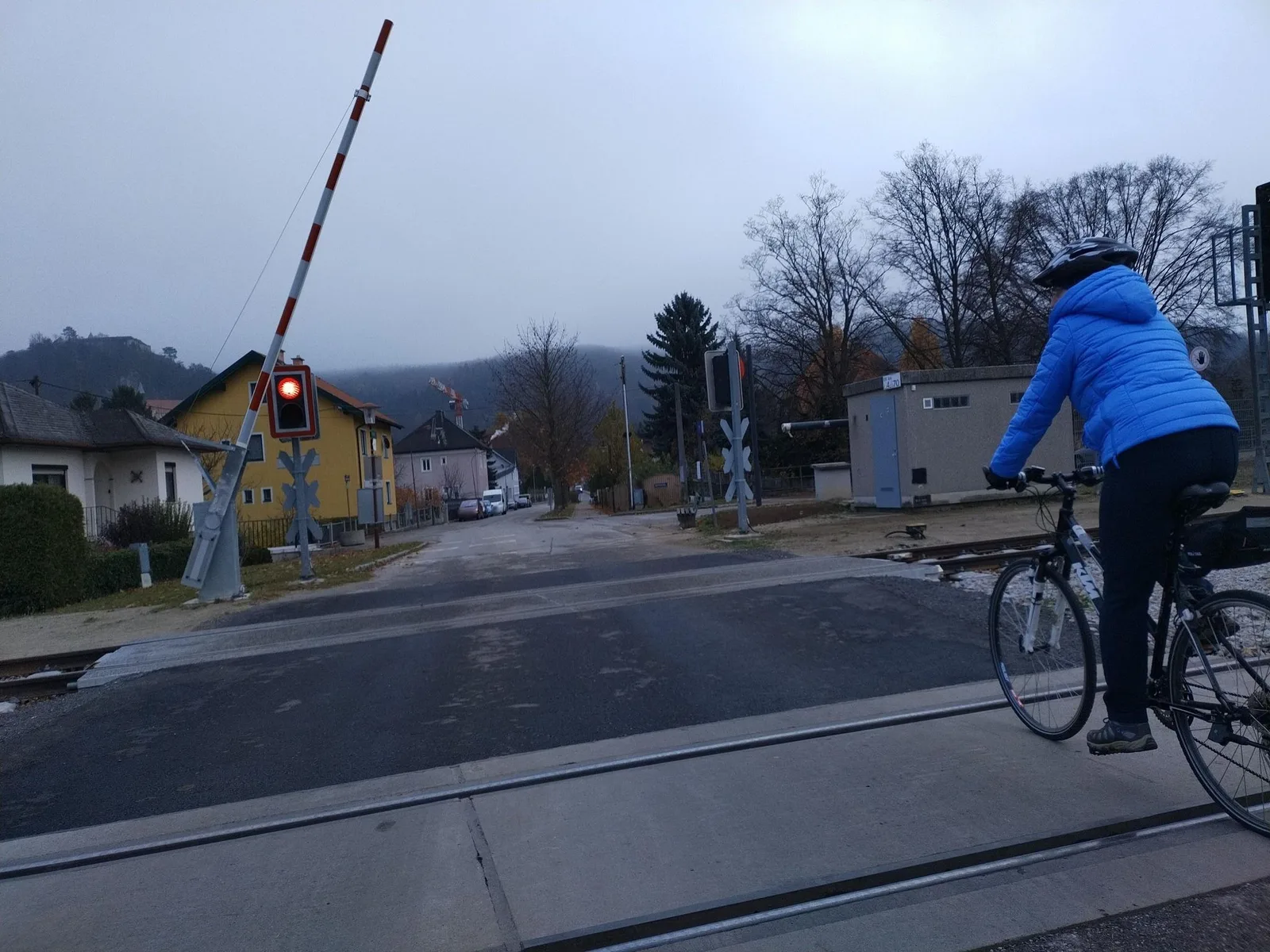 Street-level view of a level crossing in Austria