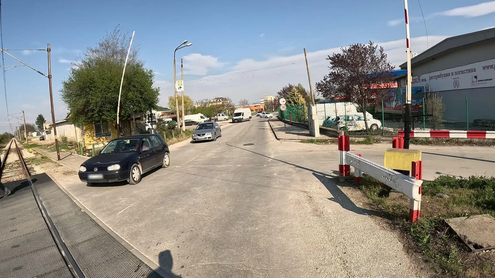 Street-level view of a level crossing in Bulgaria