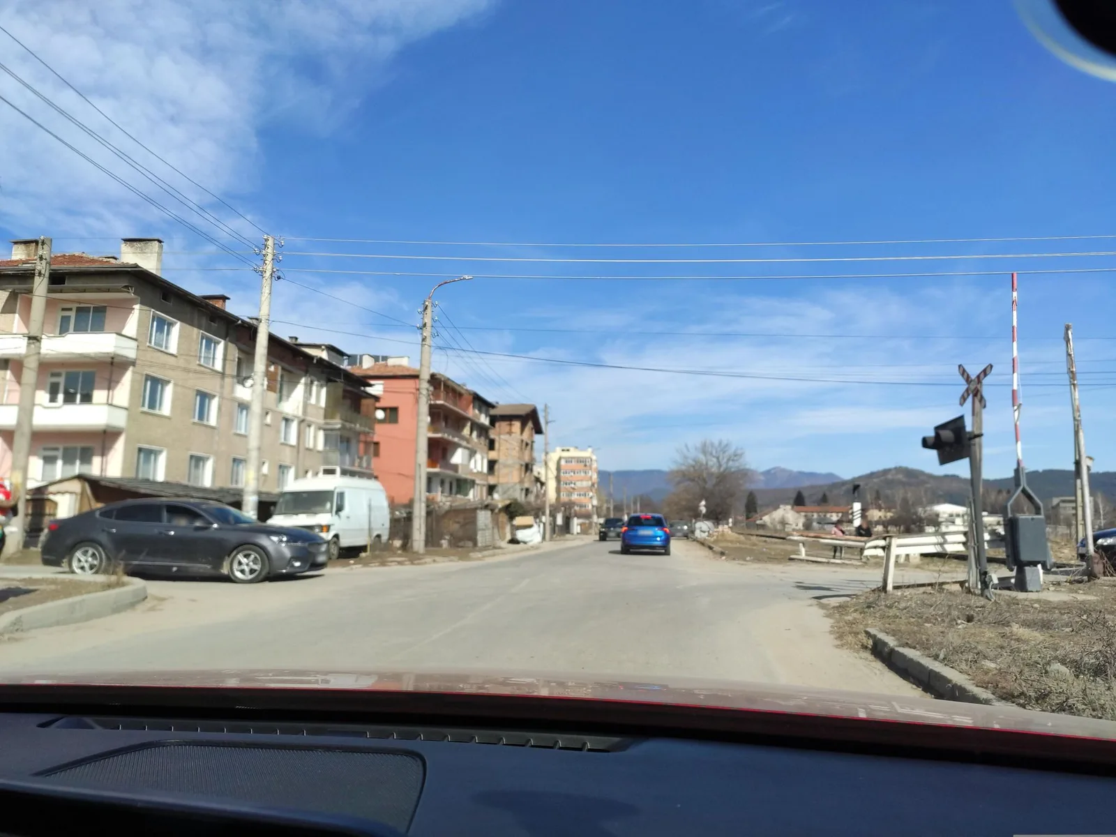 Street-level view of a level crossing in Bulgaria