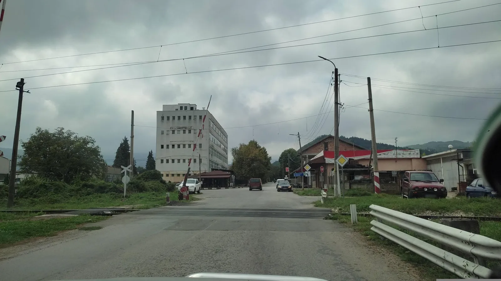Street-level view of a level crossing in Bulgaria