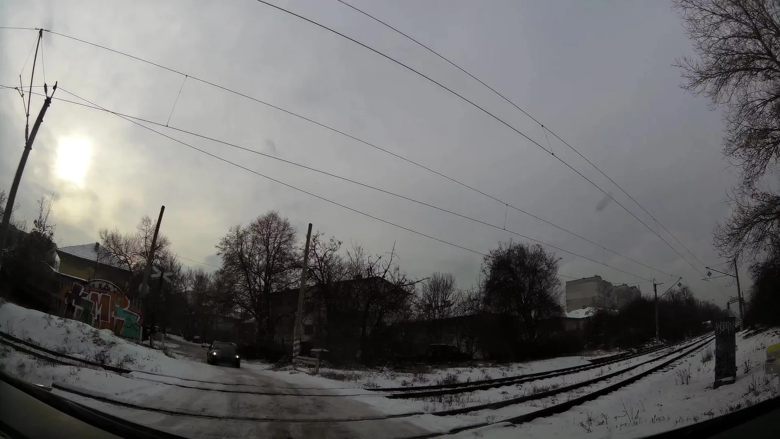 Street-level view of a level crossing in Bulgaria