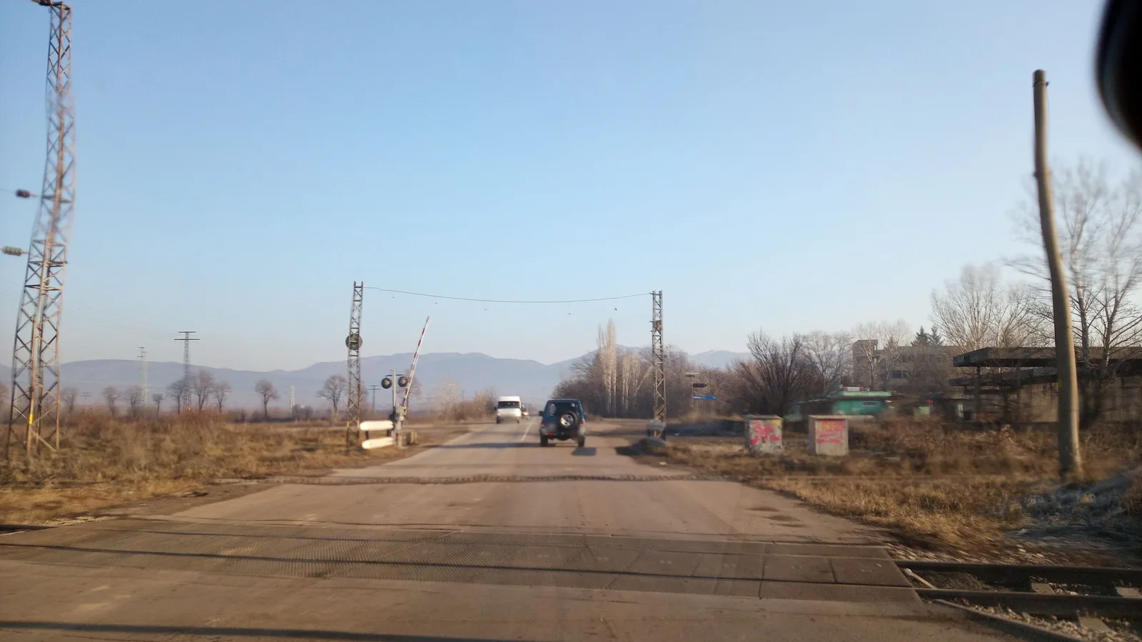 Street-level view of a level crossing in Bulgaria