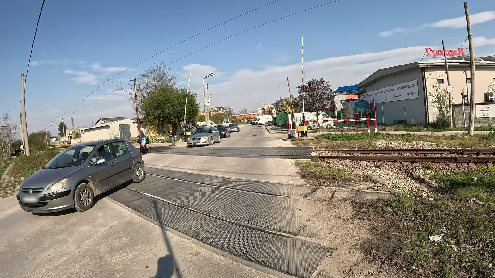 Street-level view of a level crossing in Bulgaria