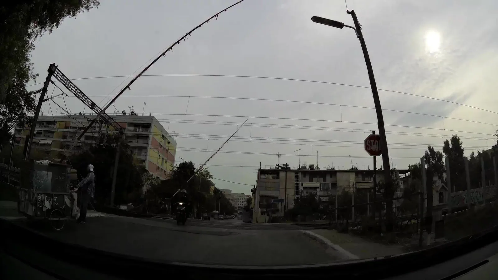 Street-level view of a level crossing in Greece
