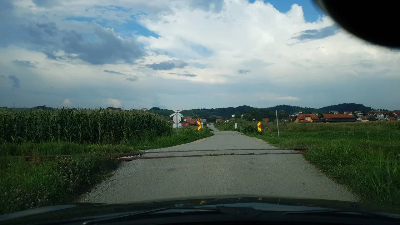 Street-level view of a level crossing in Croatia