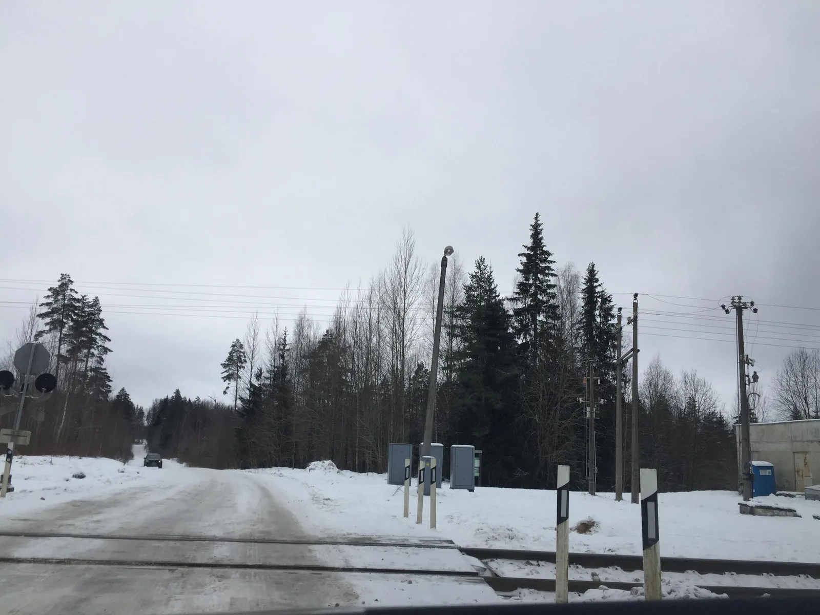 Street-level view of a level crossing in Latvia