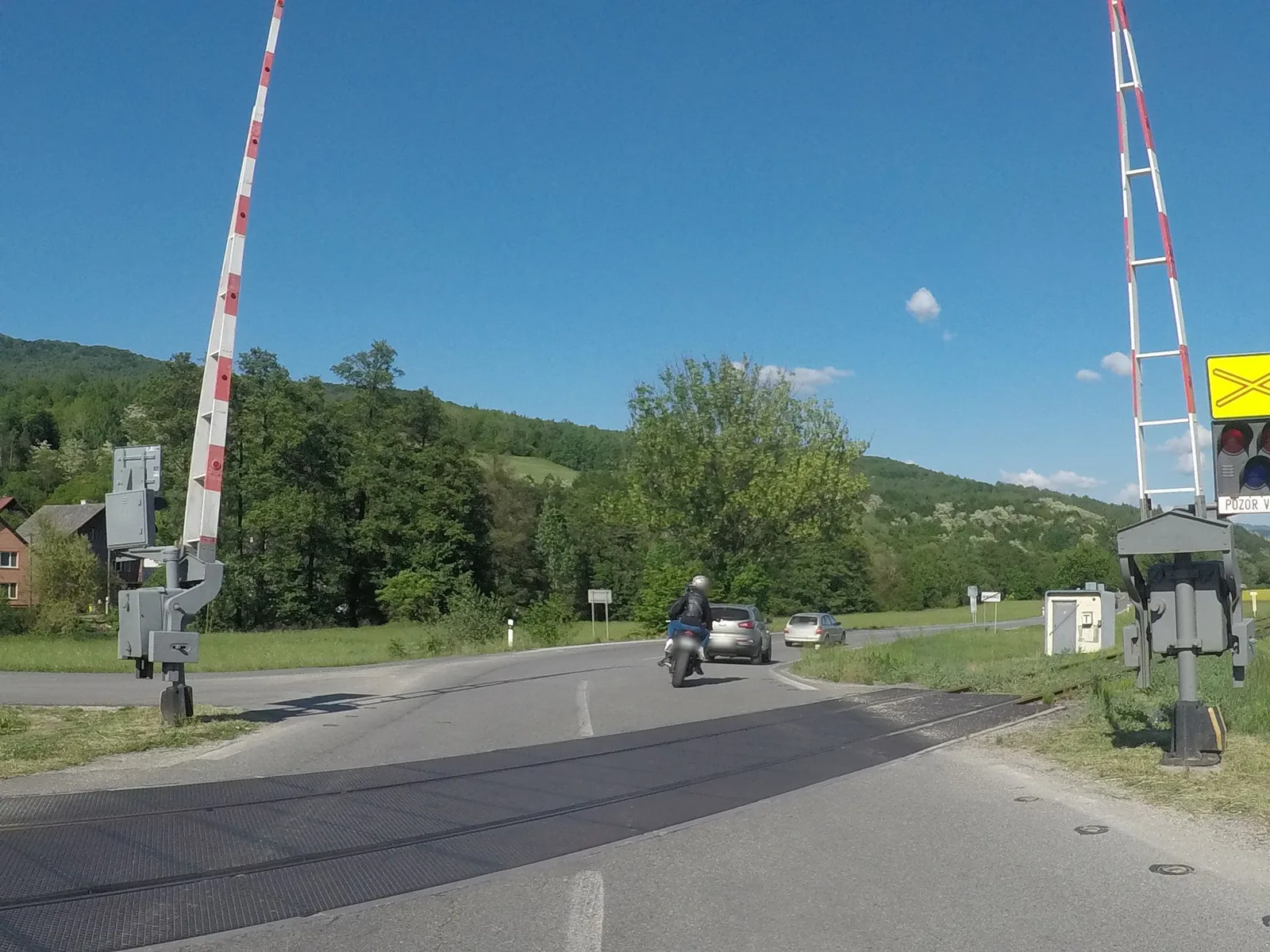 Street-level view of a level crossing in Slovakia