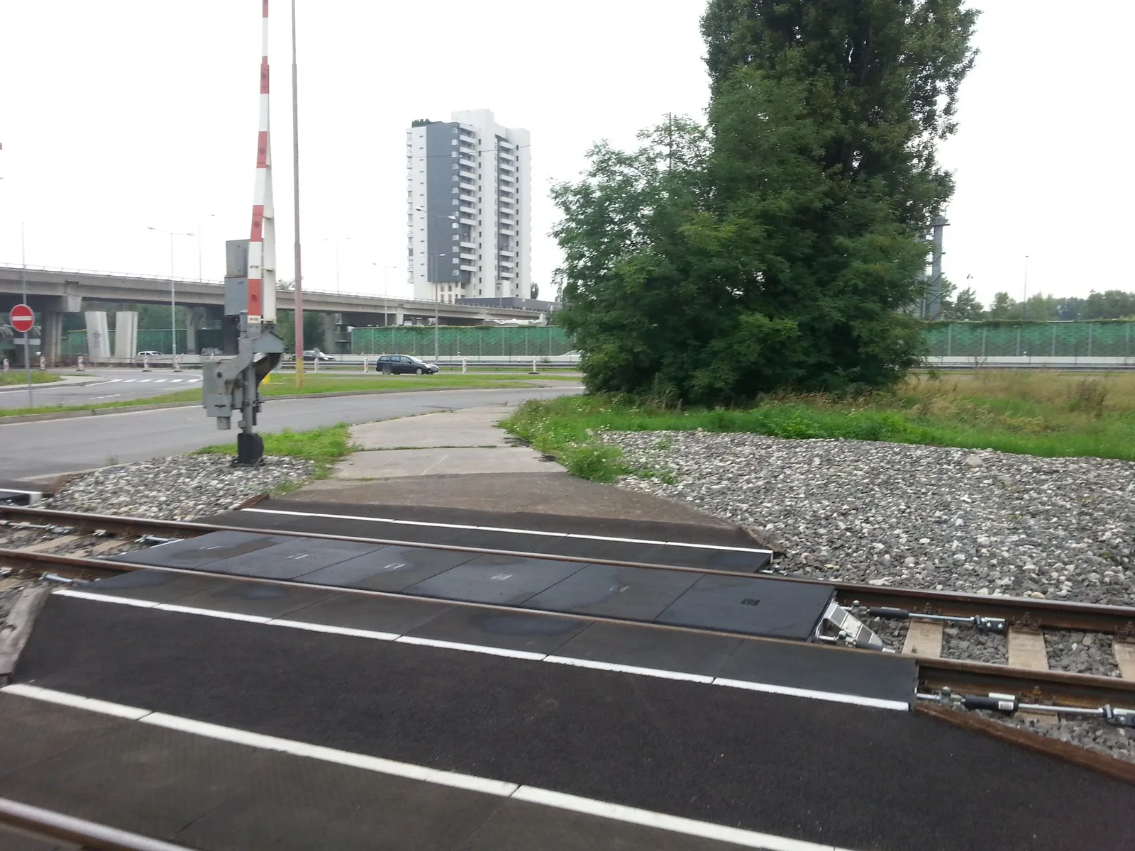 Street-level view of a level crossing in Slovakia