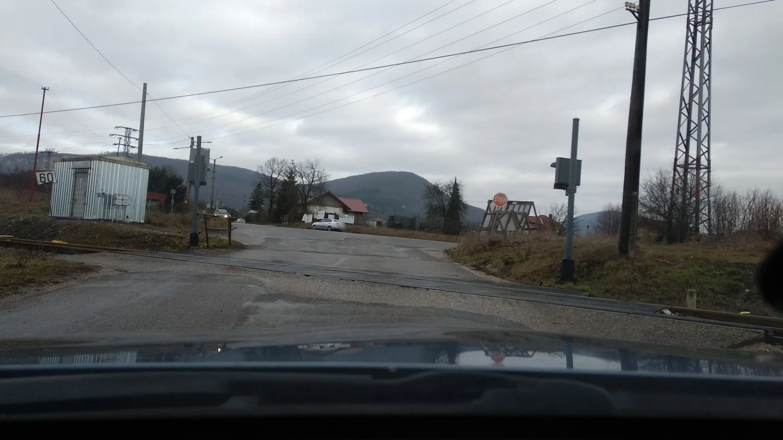 Street-level view of a level crossing in Slovakia
