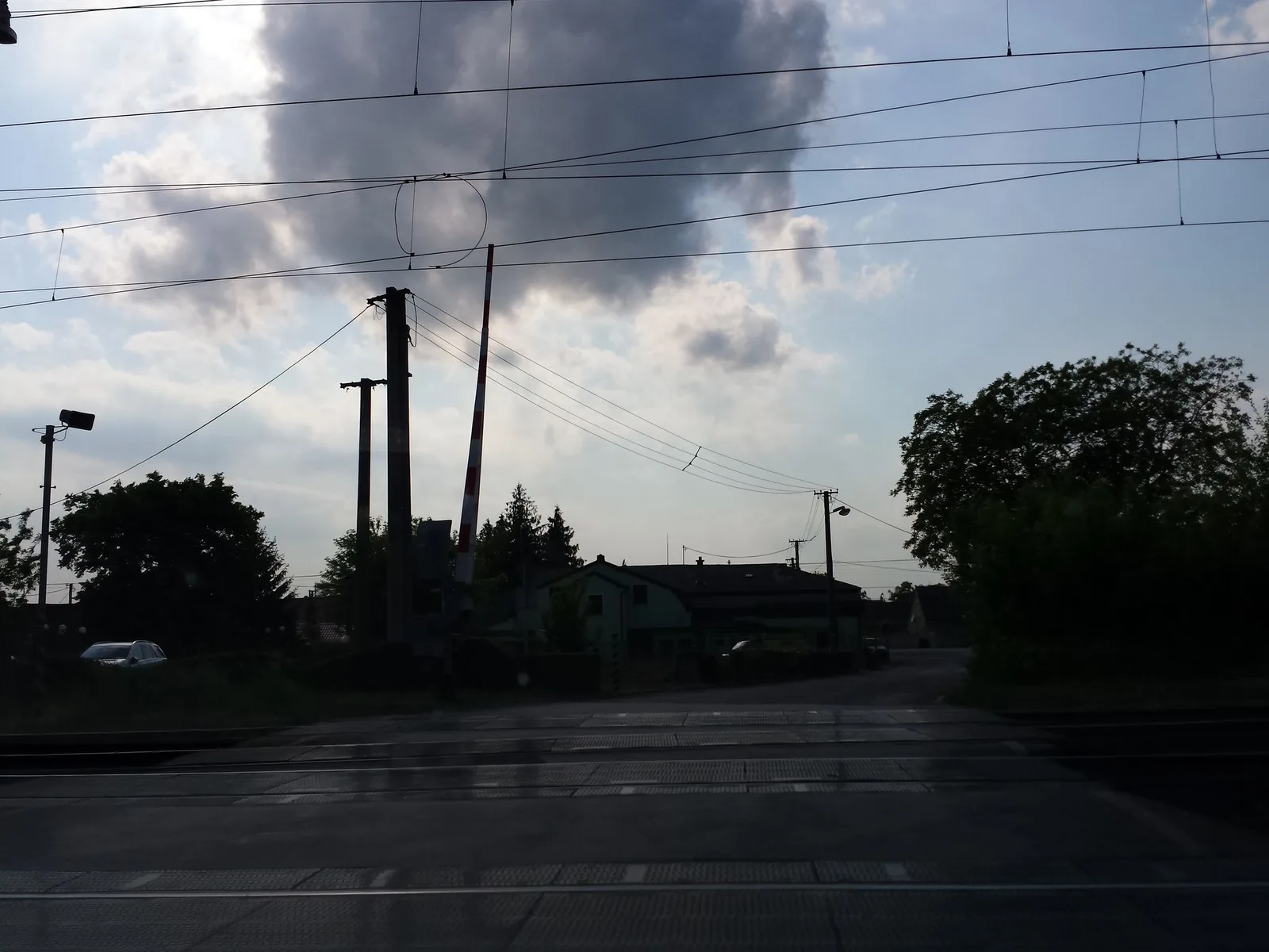 Street-level view of a level crossing in Slovakia