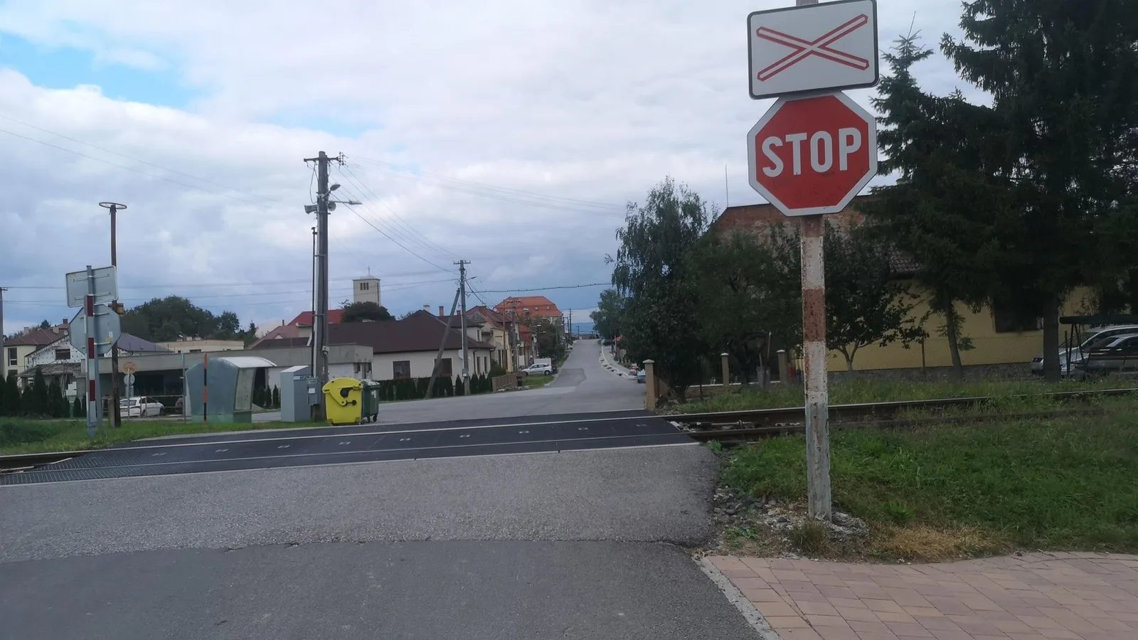 Street-level view of a level crossing in Slovakia