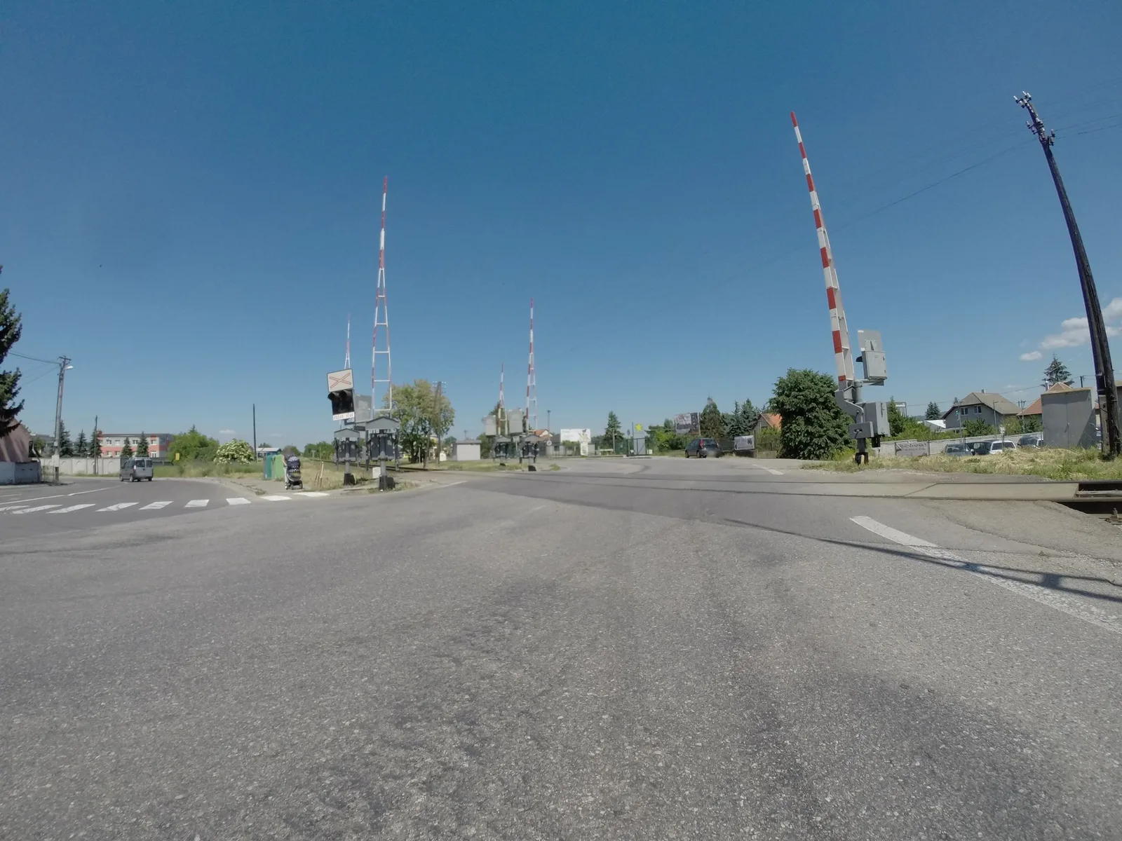 Street-level view of a level crossing in Slovakia